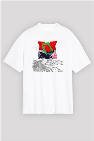 Death Grips Baskılı Beyaz Unisex Oversize Tişört - Tshirt