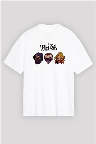 Death Grips Baskılı Beyaz Unisex Oversize Tişört - Tshirt