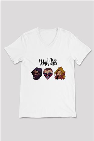 Death Grips Baskılı Beyaz Unisex V Yaka Tişört - Tshirt