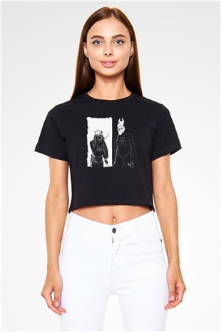 Death Grips Baskılı Siyah Crop Top Kadın Tişört - Tshirt