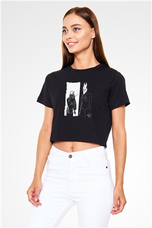 Death Grips Baskılı Siyah Crop Top Kadın Tişört - Tshirt