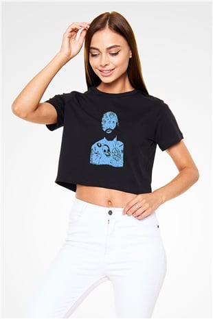 Death Grips Baskılı Siyah Crop Top Kadın Tişört - Tshirt