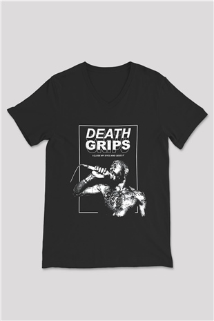 Death Grips Baskılı Unisex Siyah V Yaka Tişört - Tshirt