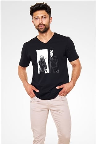 Death Grips Baskılı Unisex Siyah V Yaka Tişört - Tshirt
