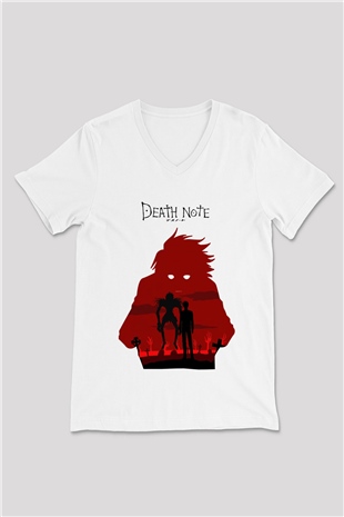 Death Note Beyaz Unisex V Yaka Tişört T-Shirt
