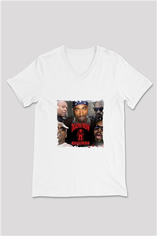 Death Row Records Baskılı Beyaz V Yaka Unisex Tişört