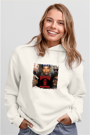 Death Row Records Baskılı Unisex Beyaz Kapüşonlu Sweatshirt