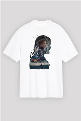 Death Stranding Baskılı Beyaz Unisex Oversize Tişört - Tshirt