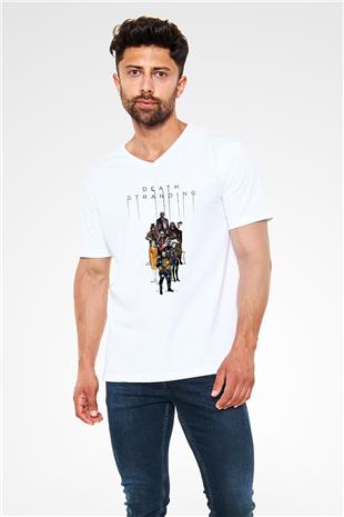 Death Stranding Baskılı Beyaz Unisex V Yaka Tişört - Tshirt