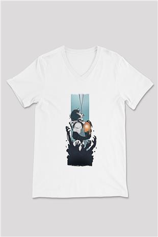Death Stranding Baskılı Beyaz Unisex V Yaka Tişört - Tshirt