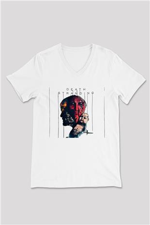 Death Stranding Baskılı Beyaz Unisex V Yaka Tişört - Tshirt