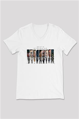 Death Stranding Baskılı Beyaz Unisex V Yaka Tişört - Tshirt