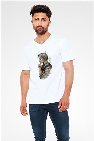 Death Stranding Baskılı Beyaz Unisex V Yaka Tişört - Tshirt