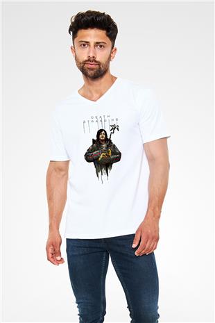 Death Stranding Baskılı Beyaz Unisex V Yaka Tişört - Tshirt