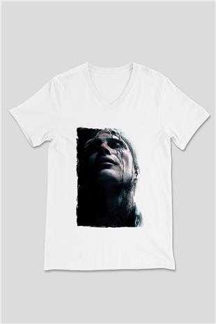 Death Stranding Baskılı Beyaz Unisex V Yaka Tişört - Tshirt