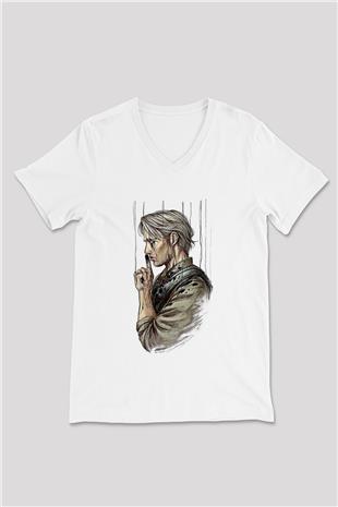 Death Stranding Baskılı Beyaz Unisex V Yaka Tişört - Tshirt