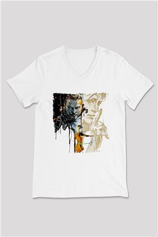 Death Stranding Baskılı Beyaz Unisex V Yaka Tişört - Tshirt