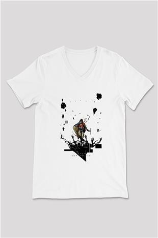 Death Stranding Baskılı Beyaz Unisex V Yaka Tişört - Tshirt