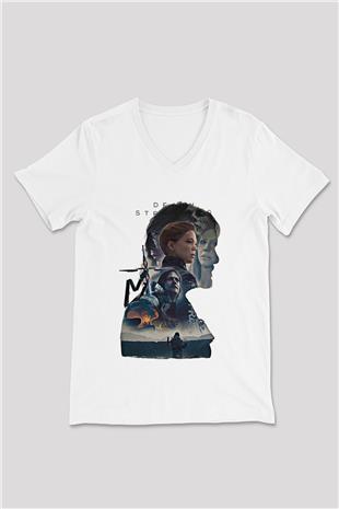 Death Stranding Baskılı Beyaz Unisex V Yaka Tişört - Tshirt