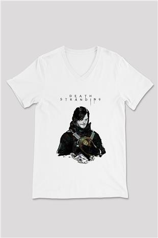 Death Stranding Baskılı Beyaz Unisex V Yaka Tişört - Tshirt