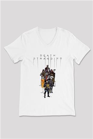 Death Stranding Baskılı Beyaz Unisex V Yaka Tişört - Tshirt