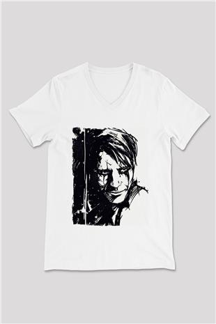 Death Stranding Baskılı Beyaz Unisex V Yaka Tişört - Tshirt