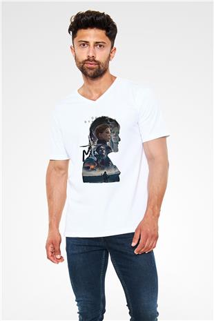 Death Stranding Baskılı Beyaz Unisex V Yaka Tişört - Tshirt