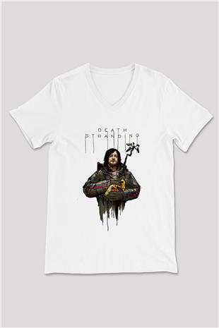 Death Stranding Baskılı Beyaz Unisex V Yaka Tişört - Tshirt