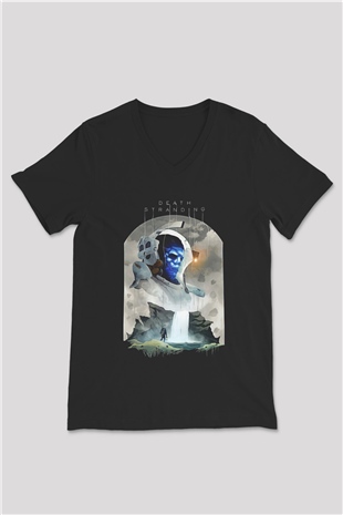 Death Stranding Baskılı Unisex Siyah V Yaka Tişört - Tshirt