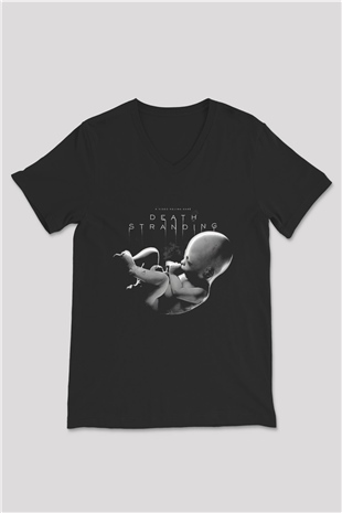 Death Stranding Baskılı Unisex Siyah V Yaka Tişört - Tshirt