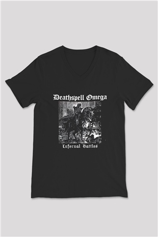 Deathspell Omega Baskılı Unisex Siyah V Yaka Tişört - Tshirt