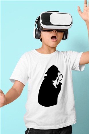 Dedektif Baskılı Beyaz Unisex Çocuk Tişört