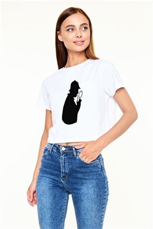 Dedektif Beyaz Croptop Tişört