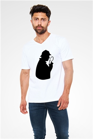 Dedektif Beyaz Unisex V Yaka Tişört T-Shirt
