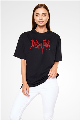 Deeds of Flesh Baskılı Unisex Siyah Oversize Tişört - Tshirt