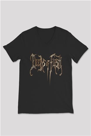 Deeds of Flesh Baskılı Unisex Siyah V Yaka Tişört - Tshirt