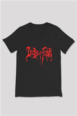 Deeds of Flesh Baskılı Unisex Siyah V Yaka Tişört - Tshirt