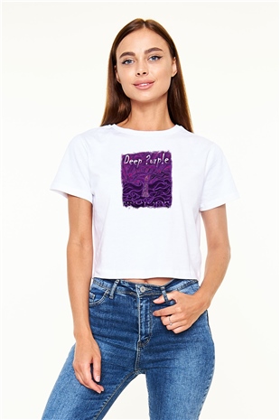 Deep Purple Baskılı Unisex Beyaz Crop Top Tişört