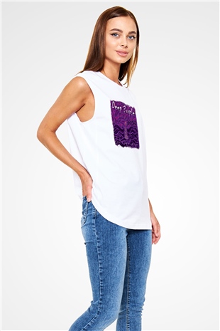 Deep Purple Baskılı Unisex Beyaz Kolsuz Tişört