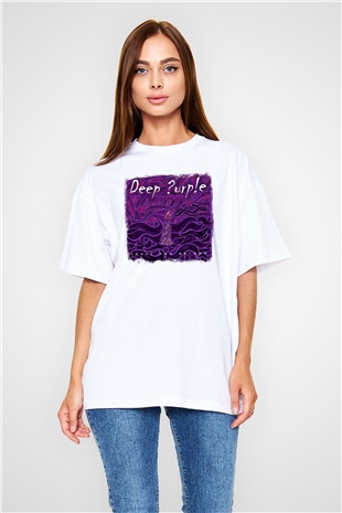 Deep Purple Baskılı Unisex Beyaz Oversize Tişört
