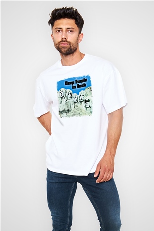Deep Purple Baskılı Unisex Beyaz Oversize Tişört