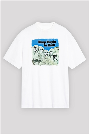 Deep Purple Baskılı Unisex Beyaz Oversize Tişört