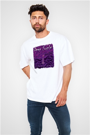 Deep Purple Baskılı Unisex Beyaz Oversize Tişört