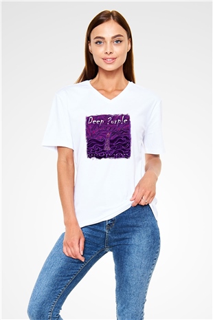 Deep Purple Baskılı Unisex Beyaz V Yaka Tişört