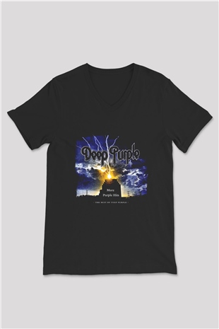 Deep Purple Baskılı Unisex Siyah V Yaka Tişört