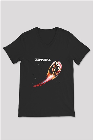 Deep Purple Baskılı Unisex Siyah V Yaka Tişört