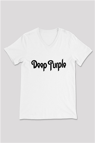 Deep Purple Beyaz Unisex V Yaka Tişört T-Shirt