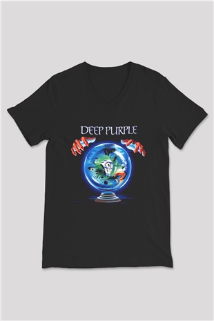 Deep Purple Siyah Unisex V Yaka Tişört T-Shirt
