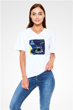 Def Leppard Baskılı Unisex Beyaz V Yaka Tişört
