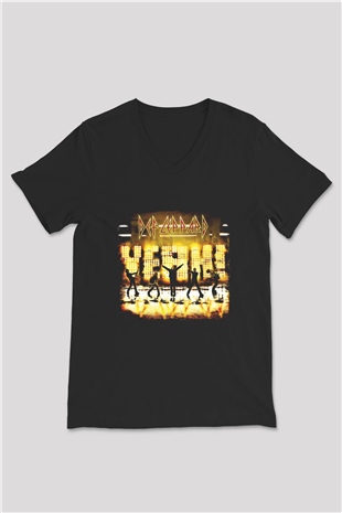 Def Leppard Baskılı Unisex Siyah V Yaka Tişört